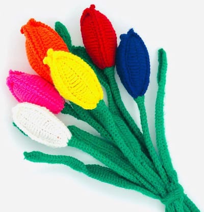 Luna-Leena duurzaam Hollands tulpenboeket in gemengde kleuren - wol - 6 tulpen bloemen - hand gehaakt in Nepal - Dutch tulips souvenir - jubileum - geboorte - feest - trouwdag - beterschap - verjaardag - tulpen uit Amsterdam