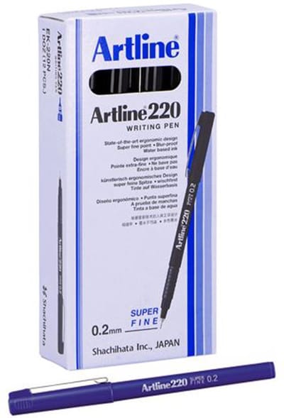 Artline 220 Fineliner - Set 12 Stuks - Super Fijne Punt 0,2mm - Instant Drogend & Wrijfvast - Blauw