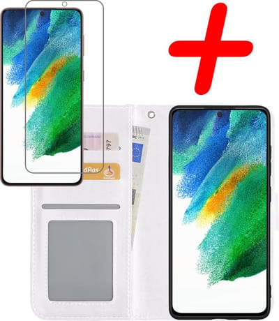 Hoesje Met Screenprotector - Geschikt voor Samsung Galaxy S21 FE - Luxe Pasjeshouder - Bookcase Portemonee - Flip Case - Kunstleer Book Case - Flipcase - Book Cover - Walletcase - Portemonneehoes - Wit
