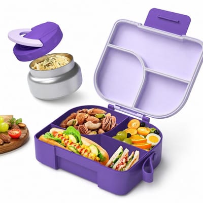 VHU-Bento Lunchbox met 3 Vakken - Grote Maaltijdbox met Bestekset - Lekvrije Lunchtrommel voor Werk en School - Magnetron en Vaatwasserbestendig - BPA-vrij