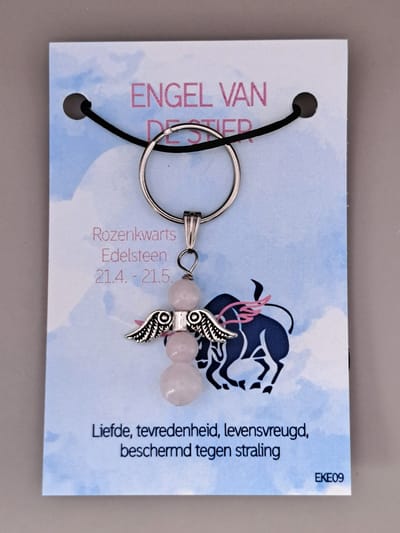 Geluksengel - Sterrenbeeld Stier - Natuursteen Rozenkwarts - een Engeltje voor jou - Edelsteen - Sleutelhanger - Tashanger - Beschermengel - Geluksengeltje - Natuursteen sleutelhanger - Beschermengeltje - Guardian Angel - Sterrenbeeld cadeautje