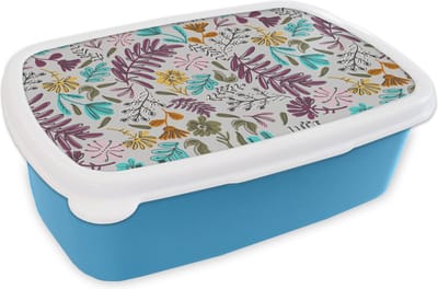 Broodtrommel Blauw - Lunchbox - Brooddoos - Bloemen - Bladeren - Patroon - 18x12x6 cm - Kinderen - Jongen