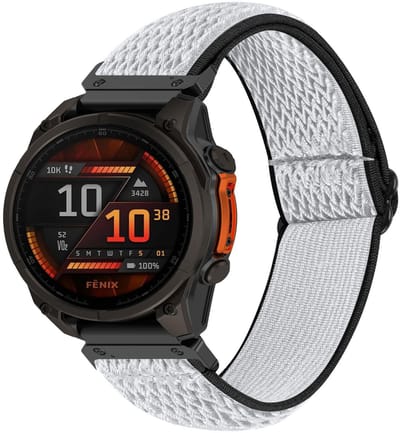 By Qubix - Geschikt voor Garmin bandje - 26mm Quickfit - Elastische Solo Loop nylon bandje - Wit met zwart - Geschikt voor Garmin Quatix 8 - 51mm