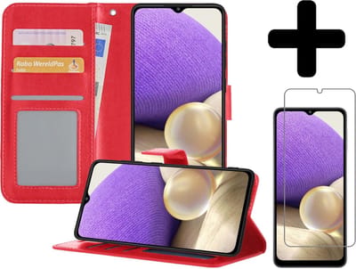 Hoesje - Met Screenprotector - Geschikt voor Samsung Galaxy A32 4G - Luxe Pasjeshouder - Bookcase Portemonee - Flip Case - Kunstleer Book Case - Flipcase - Book Cover - Walletcase - Portemonneehoes - Telefoonhoesjes - Rood