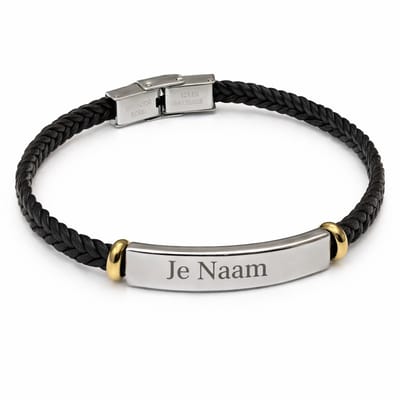 Armband met graveer, Armband met naam, Gepersonaliseerde zwarte armband met zilverkleurige naamplaat en goudkleurige accenten - verfijnd design, Armband met naamplaatje ,graveerarmband