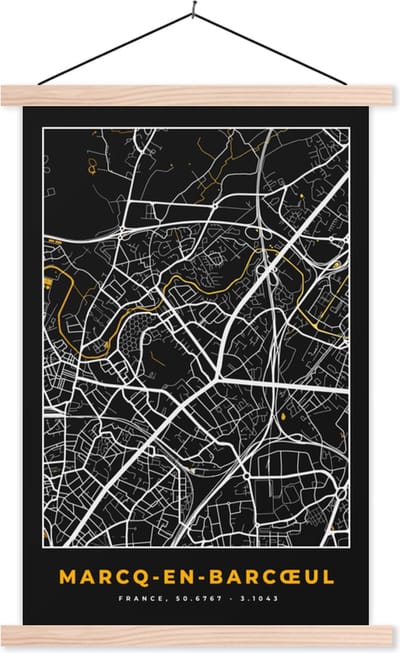 Posterhanger incl. Poster 40x60 cm - Schoolplaat - Plattegrond - Kaart - Marcq-en-Barœul - Frankrijk - Stadskaart - Textielposter - Blanke latten - Stadskaart