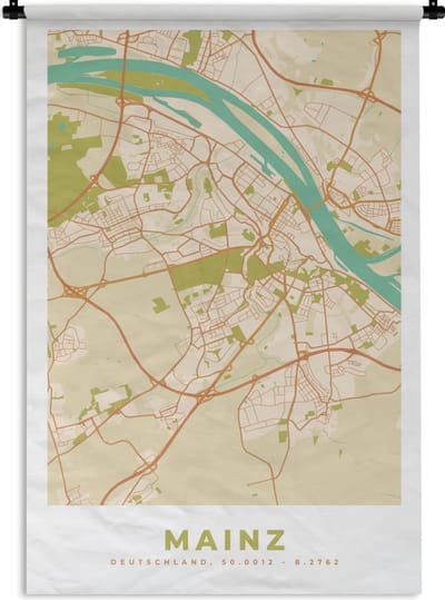 Wandkleed - Wanddoek - Plattegrond - Mainz - Kaart - Vintage - Stadskaart - 120x180 cm - Wandtapijt