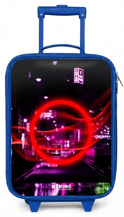 NoBoringSuitcases.com® - Kinderkoffer blauw - Kindertrolley jongen - Felrode cirkel boven een neonverlichte stad - Koffer kind lichtgewicht - Reiskoffer trolley voor kinderen - Koffertje met lichtgevende wieltjes - Rolkoffer
