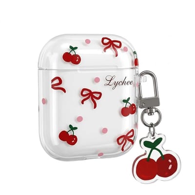 Transparant hoesje voor oordopjes dames met kersen en strikjes patroon en decoratieve hanger geschikt voor AirPods 4 met TPU beschermhoes en clip