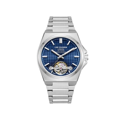 Lee Cooper LC08229.390 - Horloge - Polshorloge - Analoog - Automatisch - Mannen - Heren - Stalen band - Metaal - Rond - Agerond vierkant - Vierkantjes - Skeleton - Strepen - Zilverkleurig - Goudkleurig - Donkerblauw - Wit - Roos
