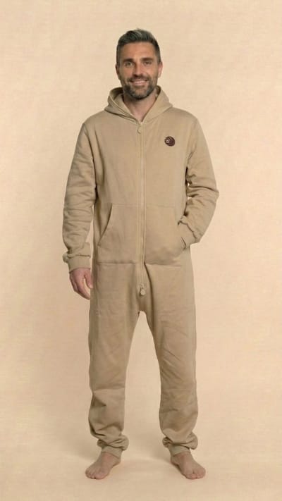 Heren Knuffle Jogging Onesie | Men’s Health: "Dit is de perfecte onesie. Stijlvol, comfortabel en geweldige kwaliteit!" | Knuffle is eigentijds Nederlands merk | Handgemaakt in Portugal | Huispak | Loungewear | Dit is de kleur Beige - maat M