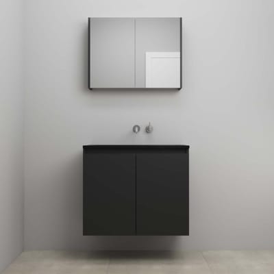 On-Line Badkamermeubelset - 80 cm - Bouwpakket - Greeploze Ladestructuur - Acryl Wastafel - zonder Kraangat - Spiegelkast - Mat Zwart