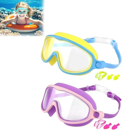 2 Stuks Kinder Zwembril met Neusklem en Oordopjes - Anti Condens Lekkagevrije Breedzicht Zwembril voor Jongens Meisjes 3-15 Jaar - UV Bescherming Zacht Silicone Zwemglas voor Zwembad Strand