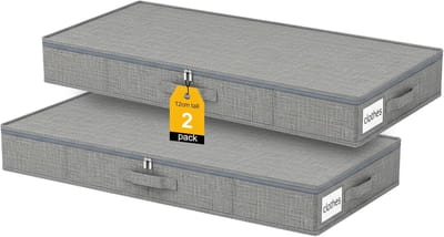 SnelShoppen - Pack van 2 Vouwbare Onderbed Opbergbakken, 12 cm Hoog, Stabiele Opbergdozen met Deksel, Dubbele Rits en 3 Handvatten voor Kleding en Dek