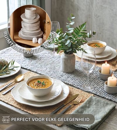 Cermico Serviesset 27-delig - 6 Personen - Wit - Keramisch Steengoed - Organisch Wavy Design - Stapelbaar - Vaatwasser-, Magnetron- en Ovenbestendig