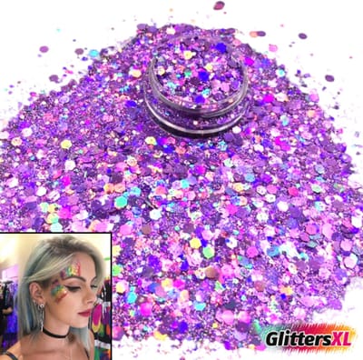 GlittersXL® Chunky Glitters (Paars) voor Lichaam en Gezicht - Biologisch Afbreekbaar Festival Glitters - Face & Body Jewels Make-up - Glittergel Tattoo - Carnaval Feest Dames Vrouwen