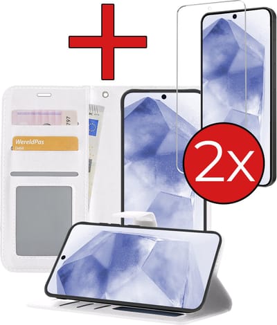 Hoesje - Met 2x Screenprotector - Geschikt voor Samsung Galaxy A55 - Luxe Pasjeshouder - Flip Case - Bookcase Portemonee - Kunstleer Book Case - Flipcase Hoes - Book Cover - Walletcase - Portemonneehoes - Telefoonhoes - Wit