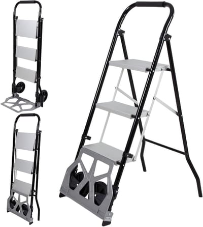 2-in-1 Vouwwagen & 3-traps ladder, 3-traps stalen vouwladder, omkeerbare handkar met brede treden, draagbare dollywagen met wielen, 150kg aluminium trapkruk