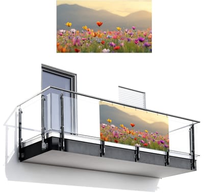 Balkonscherm 200x110 cm - Balkonposter Bloemenveld - Bergen - Zonlicht - Bloemen - Balkon scherm decoratie - Balkonschermen - Balkondoek zonnescherm