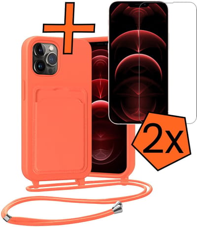 Hoesje Geschikt voor iPhone 13 Pro Hoesje Met Telefoonketting Pasjeshouder Case Met 2x Screenprotector Koord - Hoesje Geschikt voor iPhone 13 Pro Hoes Met Kaarthouder - Papaya