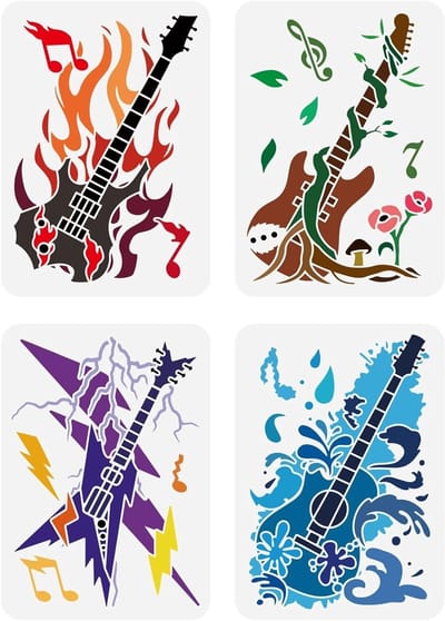 4 Stuks Herbruikbare Stencils voor Elektrische Gitaren 21x29.7cm - Rock Muziek Decor, Schildertemplate voor Hout en Muur, Creatieve Verftechnieken met Vuur en Bliksem Design