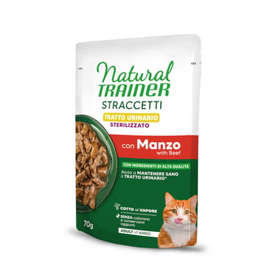 Dubbelpak 56x70g Natural Trainer Straccetti Urinary Sterilised Reepjes in saus met rundvlees, nat kattenvoer