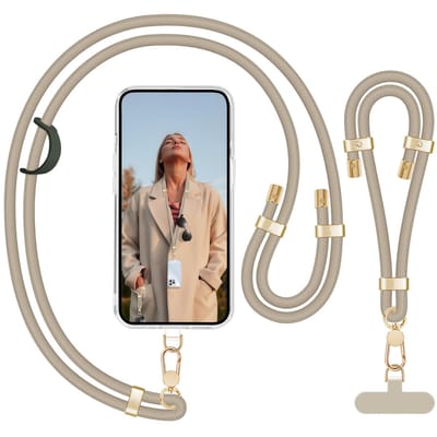 Luxe Nek & Pols Telefoonkoord Set met Bevestigingsplaatjes, - Universeel GSM Lanyard Keycord Strap Verstelbaar - Crosssbody Sleutelkoord Telefoonketting - Telefoon Koord Sleutelhanger - Keykoord Pashouder - Phone Ketting Cord - Nekkoord KaKi