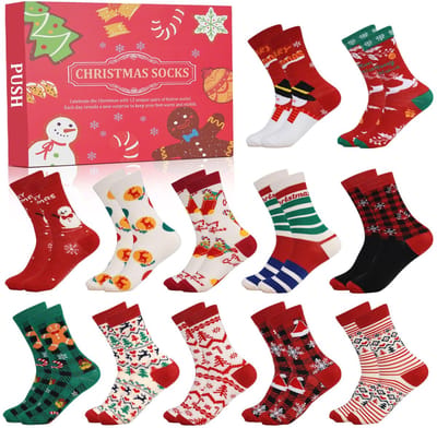 Kerst Adventskalender 2026 - rood - 12 dagen warme sokken voor dames - vakantie-aftelkalender cadeaus - 12 paar met kerstboom - elanden - sneeuwpoppatronen