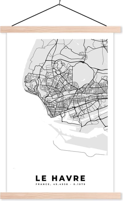 Posterhanger incl. Poster 40x60 cm - Schoolplaat - Frankrijk - Plattegrond - Kaart - Le Havre - Stadskaart - Textielposter - Blanke latten - Stadskaart