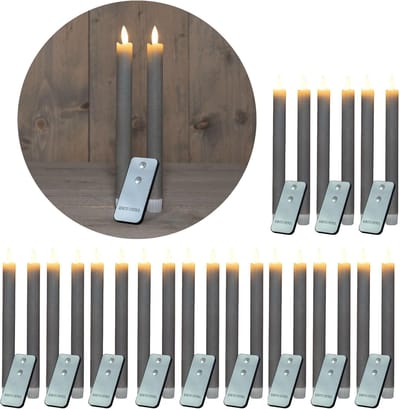 Novaliv LED-kaarsen, 12 stuks, echte was, taupegrijs, met timerfunctie, 6 uur, 23 cm hoogte voor kaarsen, 2,2 cm diameter, 2 AAA-batterijen vereist. Set van 4 LED-kaarsen, 6x bewegende vlam.