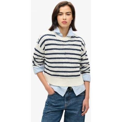 Superdry Gehaakte Korte Trui met Strepen en Ronde Hals Wit Grootte: 38