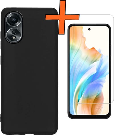 Hoes - Met Screenprotector - Geschikt voor OPPO A58 - Sterk & Shockproof - Back Cover - Siliconen Case - Telefoon Hoes - Zwart