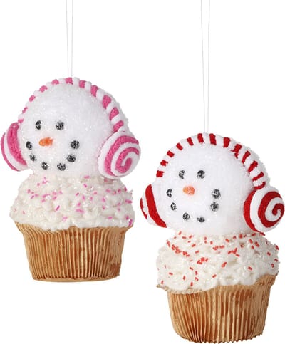 Viv! Christmas Kerstornament - Snoepjes Sneeuwpop Cupcake met Oorwarmers - set van 2 - rood roze wit - 18cm