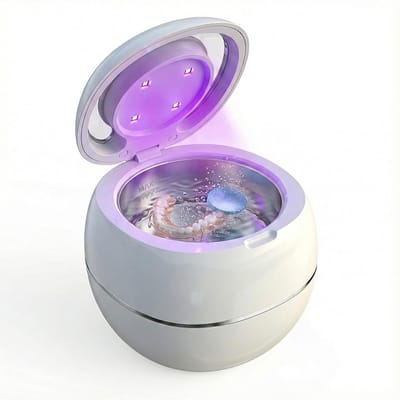 Ultrasone reiniger voor beugels, wit, reinigingspad voor gebitsreiniging, geschikt voor kunstgebitten, tandenborstelkopjes, sieraden, beugels, digitale timer.