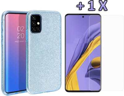HB Hoesje Geschikt voor Samsung Galaxy A51 - Siliconen Glitter Back Cover + Tempered Glazen Screenprotectors - Blauw