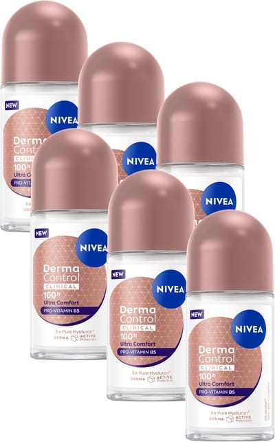 NIVEA Derma Control Clinical Ultra Comfort Deodorant Roller - 100u Anti‑transpirantbescherming - Provitamine B5 - Voordeelverpakking - 6x50ml