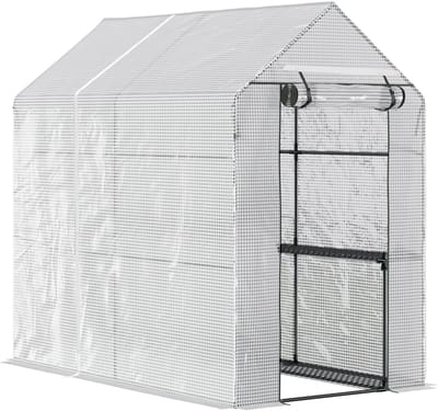 Killogood Foliekas toegankelijke kas met 4 plankniveaus tomatenkas broeikas koude bak met deur groen staal PE 120 x 186 x 190 cm