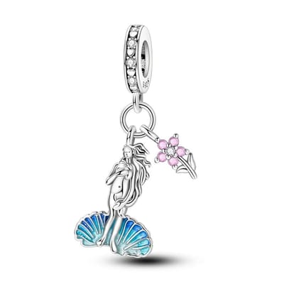 Fler® | Bedel | Past op populaire bedelarmbanden (standaard - 3mm) | Zeemeermin Bedel | Hangbedel Charm | 925 sterling zilver | Roze & Transparante zirkonia | Blauwe emaille | Armband Kraal | Valentijnsdag Cadeau | Sinterklaas kado | Kerstcadeau