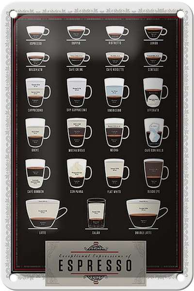 Blechschild Kaffee 12x18cm Sorten Espresso Mocha Americano Dekoration