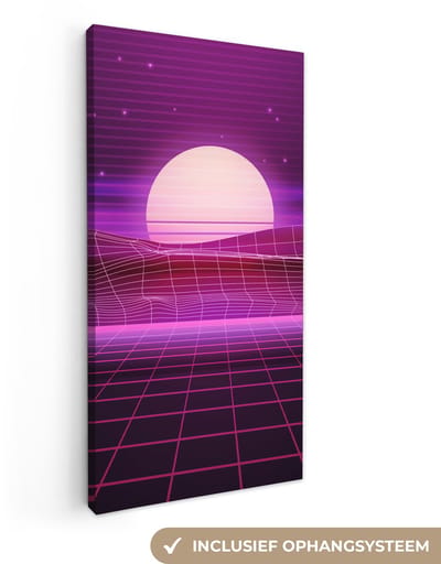 Canvas schilderij 20x40 cm - Wanddecoratie Gaming - Neon - Retro - Paars - Zon - Gamen - Muurdecoratie game room - Gaming kamer decoratie - Gameroom accessoires - Schilderijen