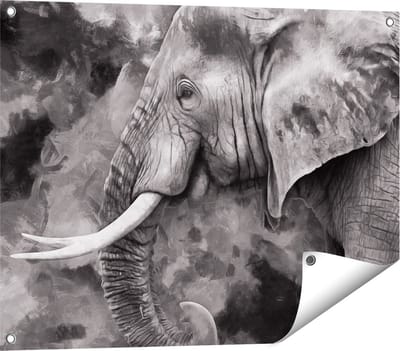 Gards Tuinposter Olifant - Abstract - Zwart Wit - 80x60 cm - Tuindoek - Tuindecoratie - Wanddecoratie buiten - Tuinschilderij