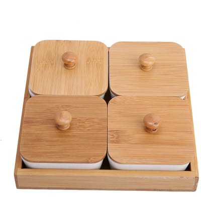Keramisch Serveerbord voor Voorgerechten met Bamboe Dienbladdeksel voor Fruit Noten Desserts (4-Vaks) beige