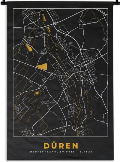 Wandkleed - Wanddoek - Black and Gold – Stadskaart – Düren – Duitsland – Plattegrond – Kaart - 120x180 cm - Wandtapijt
