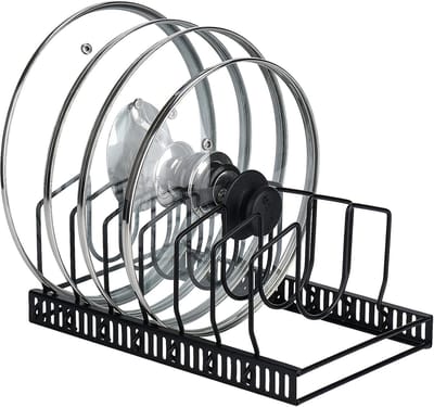 Verstelbare Keukenorganizer – Pannen- & Dekselsrek met 7 Verdelers – Ruimtebesparend Opbergsysteem voor Pannen, Snijplanken & Servies – 30×18×18 cm