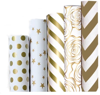 Dailygoods- Geschenkpapier Rollen - 5 Stuks - 50 cm x 70 cm - Wit/Goud - Cadeaupapier Verjaardag - Babyfeestjes - Bruiloften - Feesten