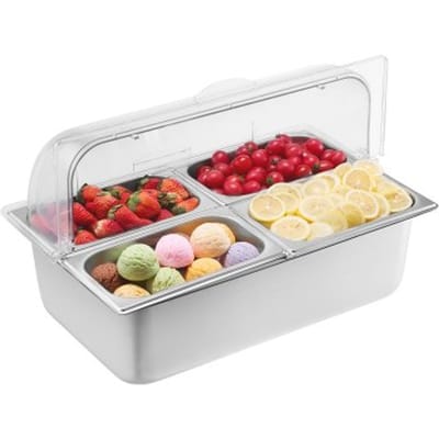 VEVOR Bijgerechtcontainer Ingrediëntencontainer Gastronormcontainer van roestvrij staal (4 x 1/4 containers), presentatiestandaard buffet kruidendispenser met transparant deksel voor restaurant hotel keukenfeest