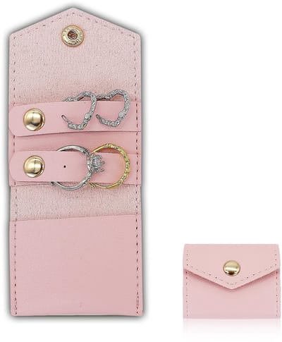Dailygoods - AfitLulu Sieradendoos, kleine sieradenrollen, opvouwbare sieradenorganizer, tas, draagbare sieradentas voor reizen, sieradenkistje voor ringen, halskettingen, oorbellen (roze)