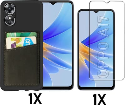 Casemania Hoesje Geschikt voor Oppo A17 Zwart - Kaarthouder Charcoal Gray & Glazen Screenprotector - Siliconen Back Cover