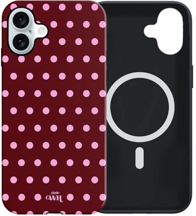 xoxo Wildhearts Polka Dots (Burgundy) - Double Layer - Magnetisch hoesje geschikt voor iPhone 16 MagSafe - Hard case met stippenpatroon - Beschermhoes - Shockproof case - Stippatroon - Burgundy / Bordeauxrood