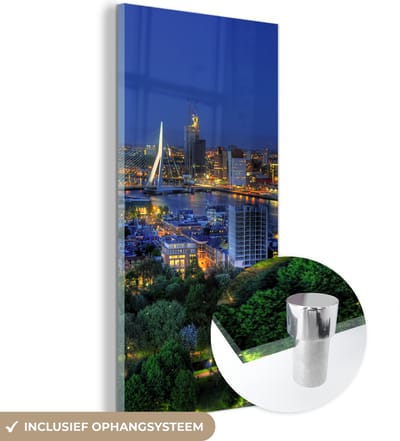 MuchoWow® Glasschilderij 20x40 cm - Schilderij acrylglas - Rotterdam - Nederland - Skyline - Foto op glas - Schilderijen